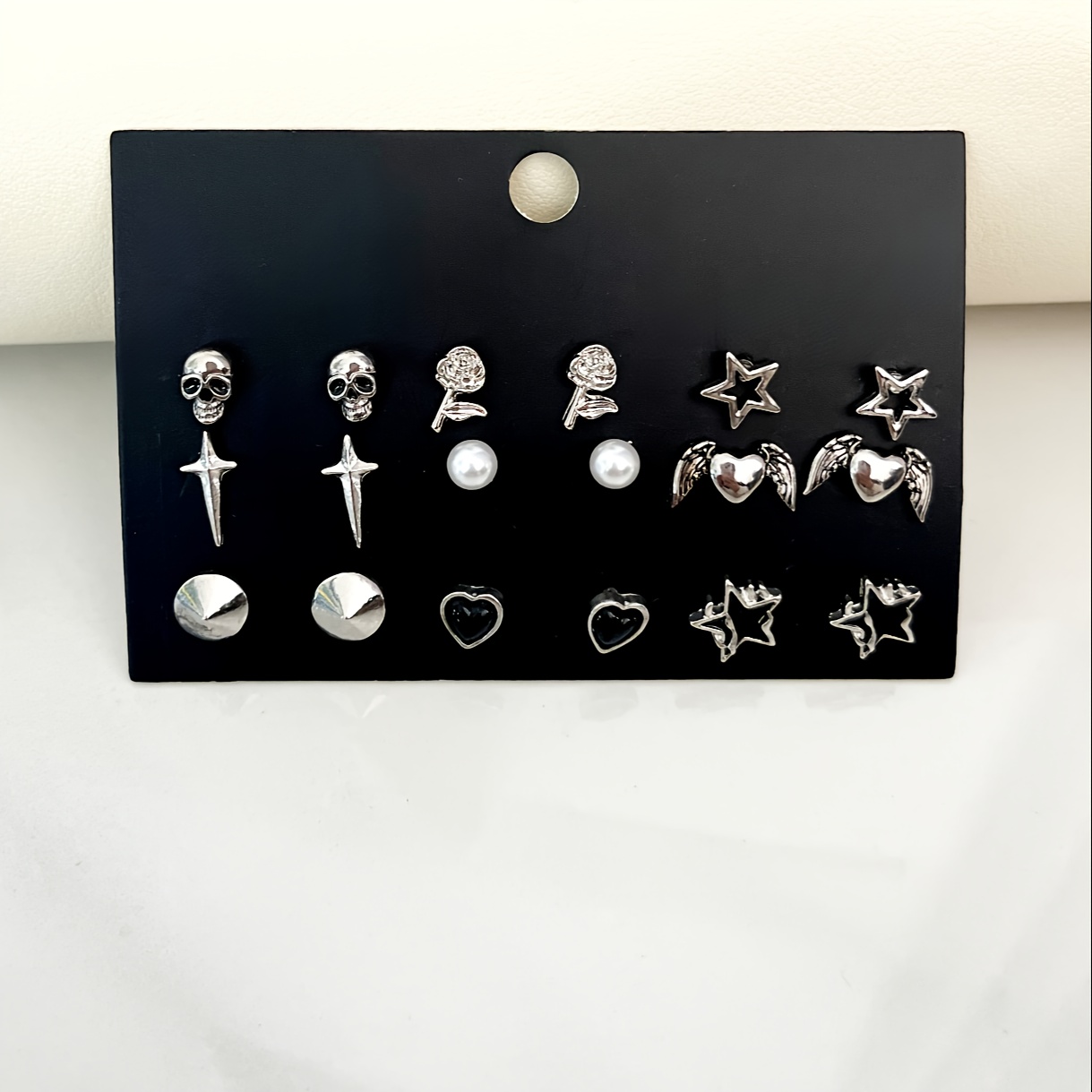 9-pair vintage gothic earrings set, zinc alloy skull, rose, star, heart, wing designs, high aesthetic daily & party wear, valentine s day gift,   jewelry collection details 1