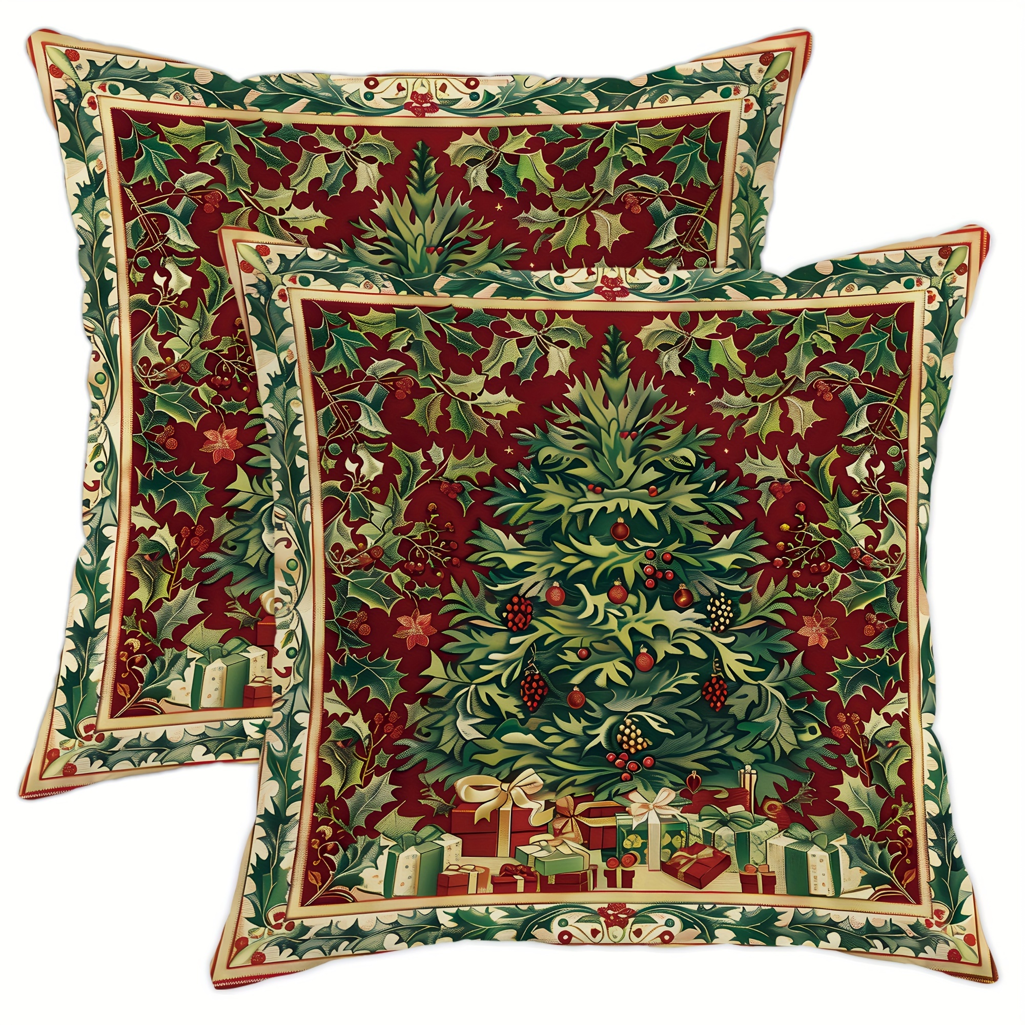 

2pcs Christmas Pillow Covers, 18x18 Inches, Velvet, Holly & Design, & Green, Contemporary Style, Machine Washable, Zipper Closure, Polyester, For Sofa, Bed, Living Room Decor