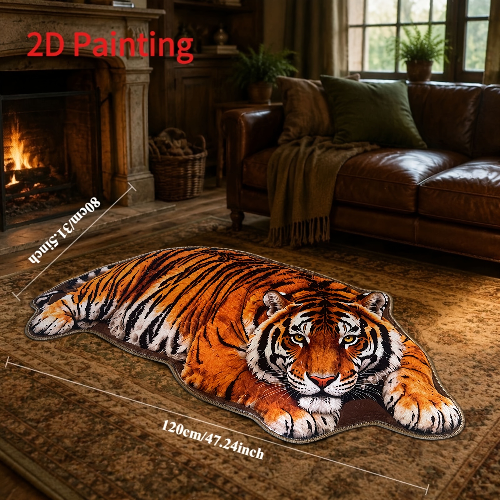 TEMU 2d Printed Area Rug, Realistic Lying Tiger Skin Pattern Floor Mat, Non-slip Room Bedroom Cabin Villa Decorative Carpet, Jungle Wildlife Creative