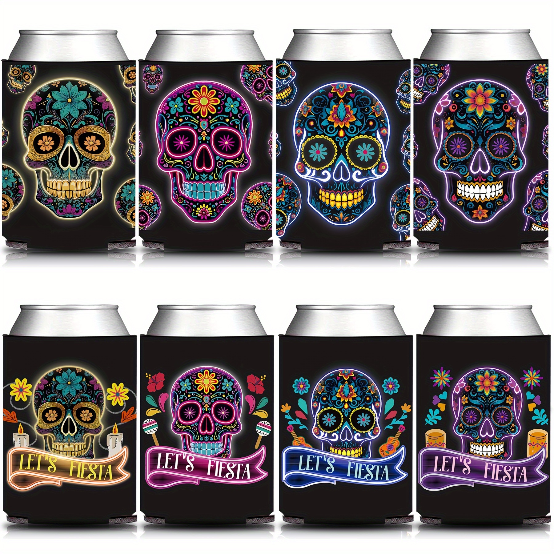 

12pcs/set Mexican " Fiesta" Can Sleeves - Dia De Muertos Party Beverage Coolers, Rock Drink Holders For De , Birthday, Bridal Shower, Bachelorette Favor Gifts And Decor