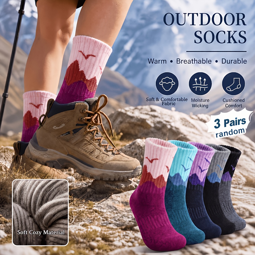 TEMU 3 Pairs Women's Outdoor Hiking Socks, Cushion Comfortable, Random Style, Soft Mid-calf Socks For Autumn Winter, Suitable For Hiking, Camping,