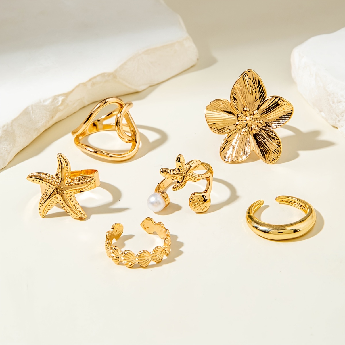 6pcs Boho Starfish Scallop Bead Rhinestone Ring Set