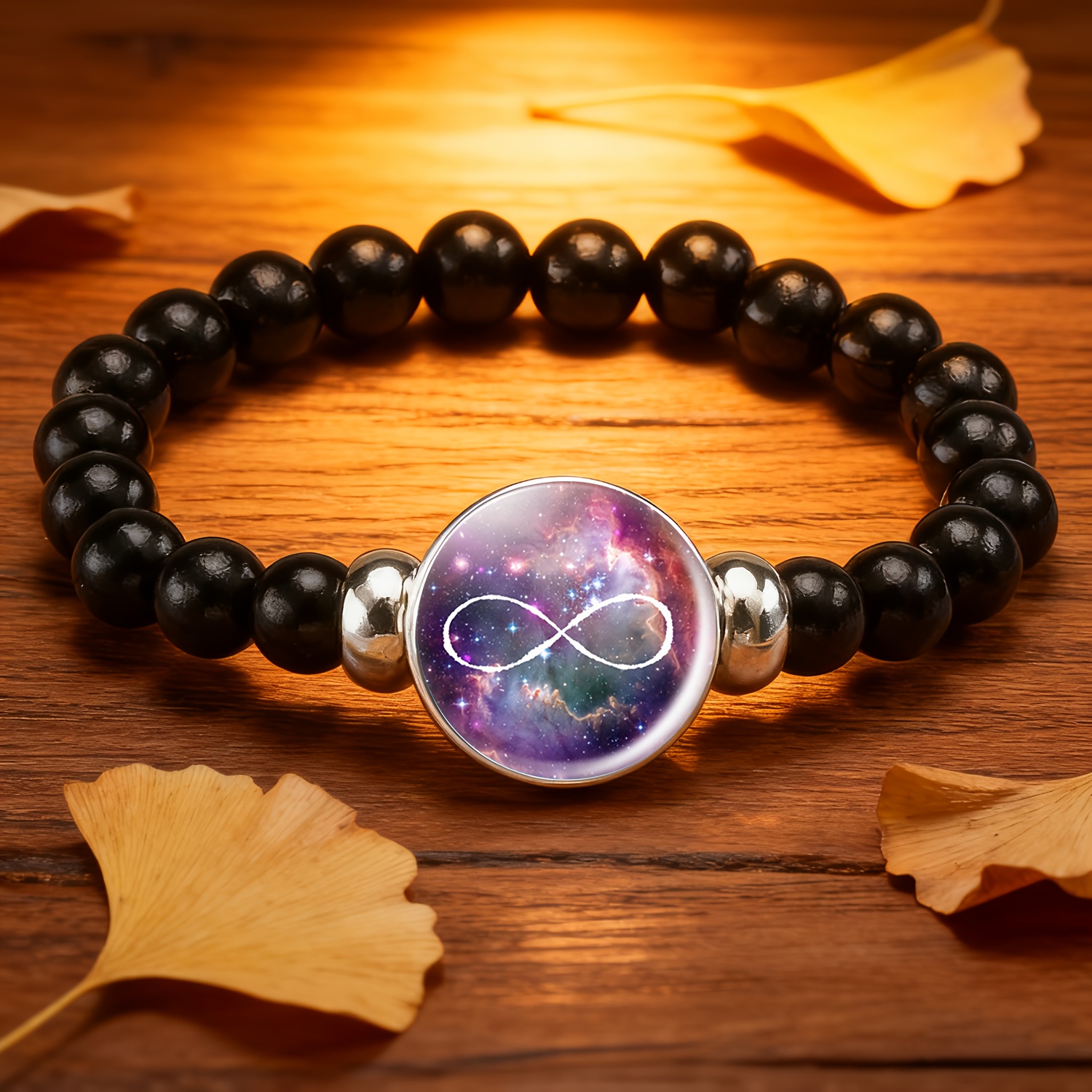 Teenager's Classic Black Plastic Bead & Chain Bracelet with Cosmic Nebula Design