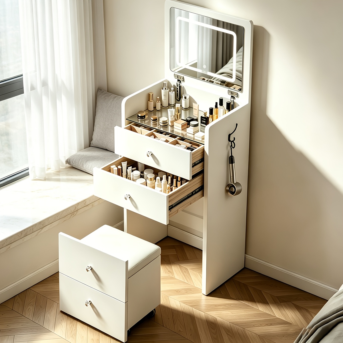 TEMU Corner Vanity Unit With 90 Degree Folding Mirror, Glass Worktop, Storage-integrated Padded Stool, Side Hooks For Hanging Cosmetics, Premium