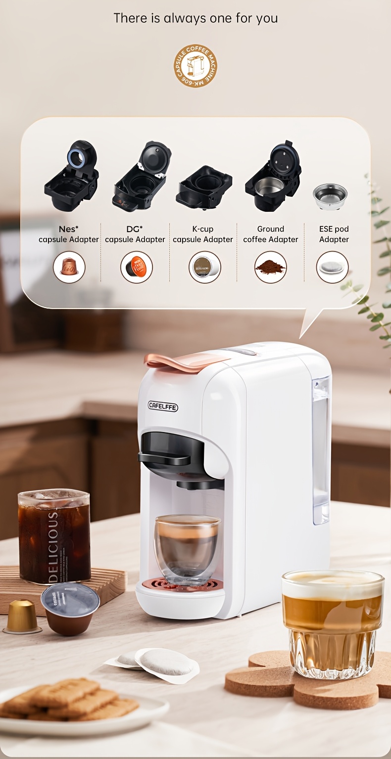 MK606 Cafelffe 5‑in‑1 Kapsel-Kaffeemaschine, 19 Bar Espresso Maker, kompatibel mit Nescafé, DG, K‑Cup & Kaffeepulver