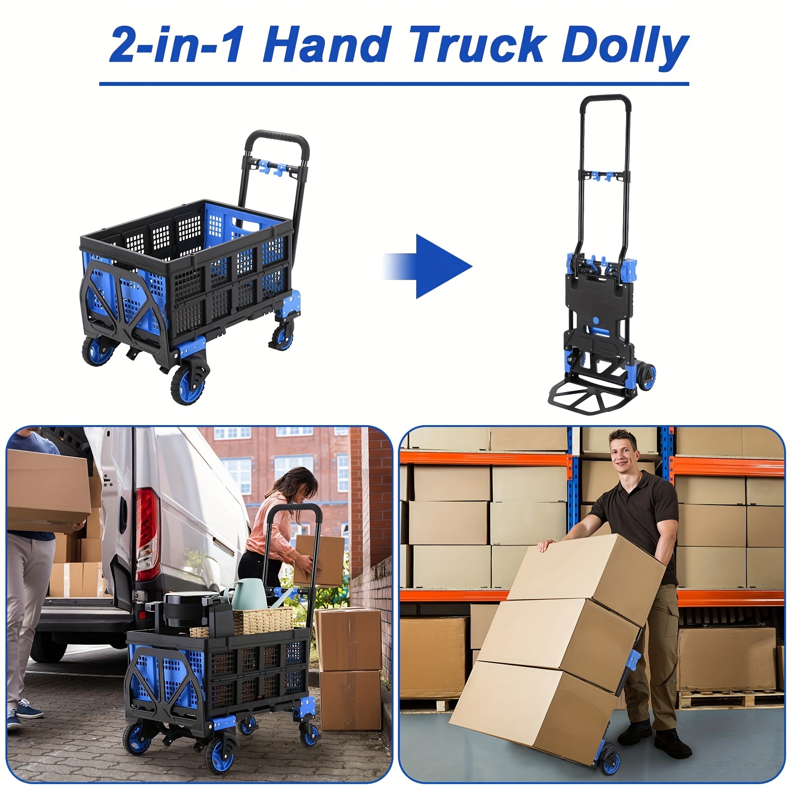 

2 In 1 Folded Hand Truck With & 22' Storage Boxes, Heavy Duty Hand Cart With Retractable Handle For Travel, Luggage, Shopping, Moving Use, 330lbs