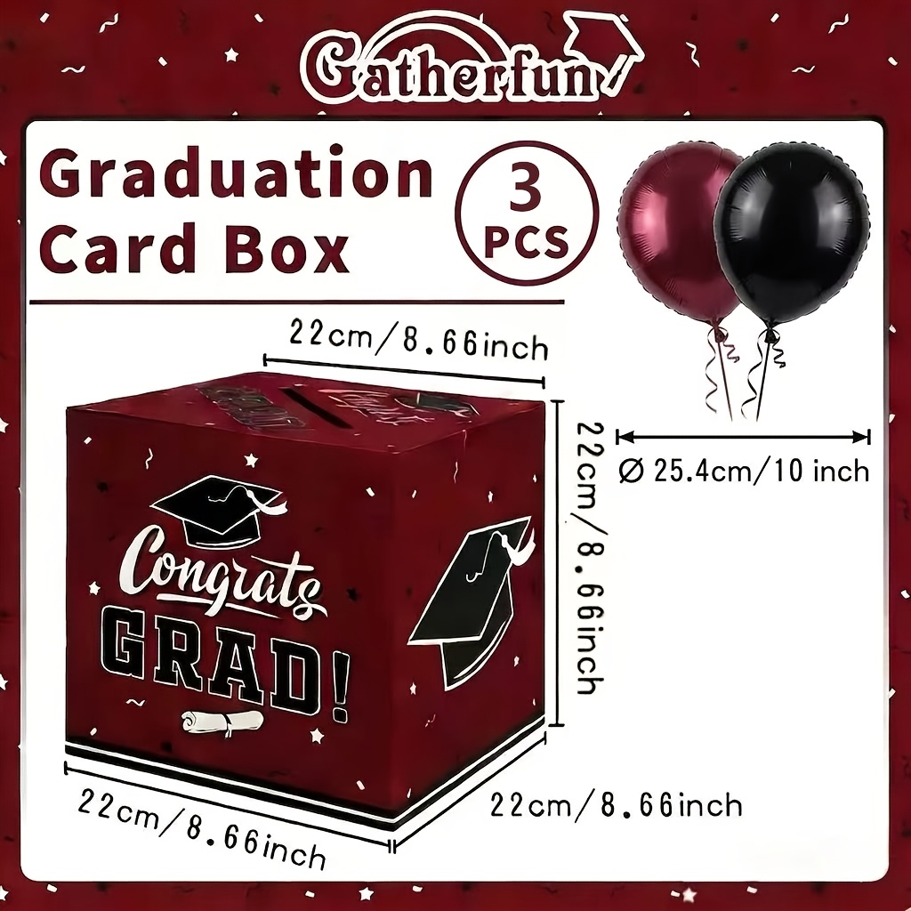 TEMU 3pcs Set, Wine Red Graduation Celebration Card Box And 2 Foil Balloons - Gift Card Holder Party Favors, Essential Decorative Items For High