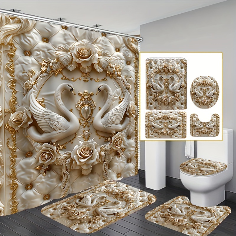 

1/4pcs Swan Pearl Pattern Shower Curtain Set, Shower Curtain With 12 Hooks, Non-slip Bath Mat, U-shaped Toilet Mat, Toilet Mat, Bathroom Decor Accessories