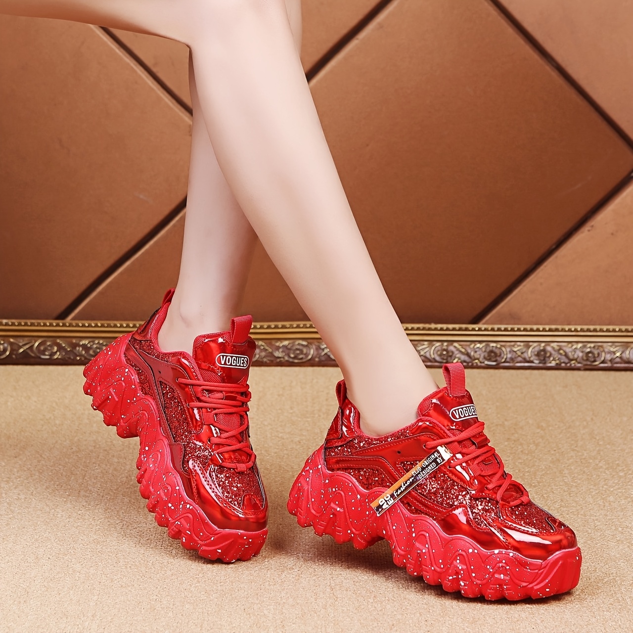 TEMU Women's Platform Sneakers With Thick Sole Height Increase - Red Sequin Wedding & Bridal Shoes Suitable For Weddings, Parties, Casual Attire,
