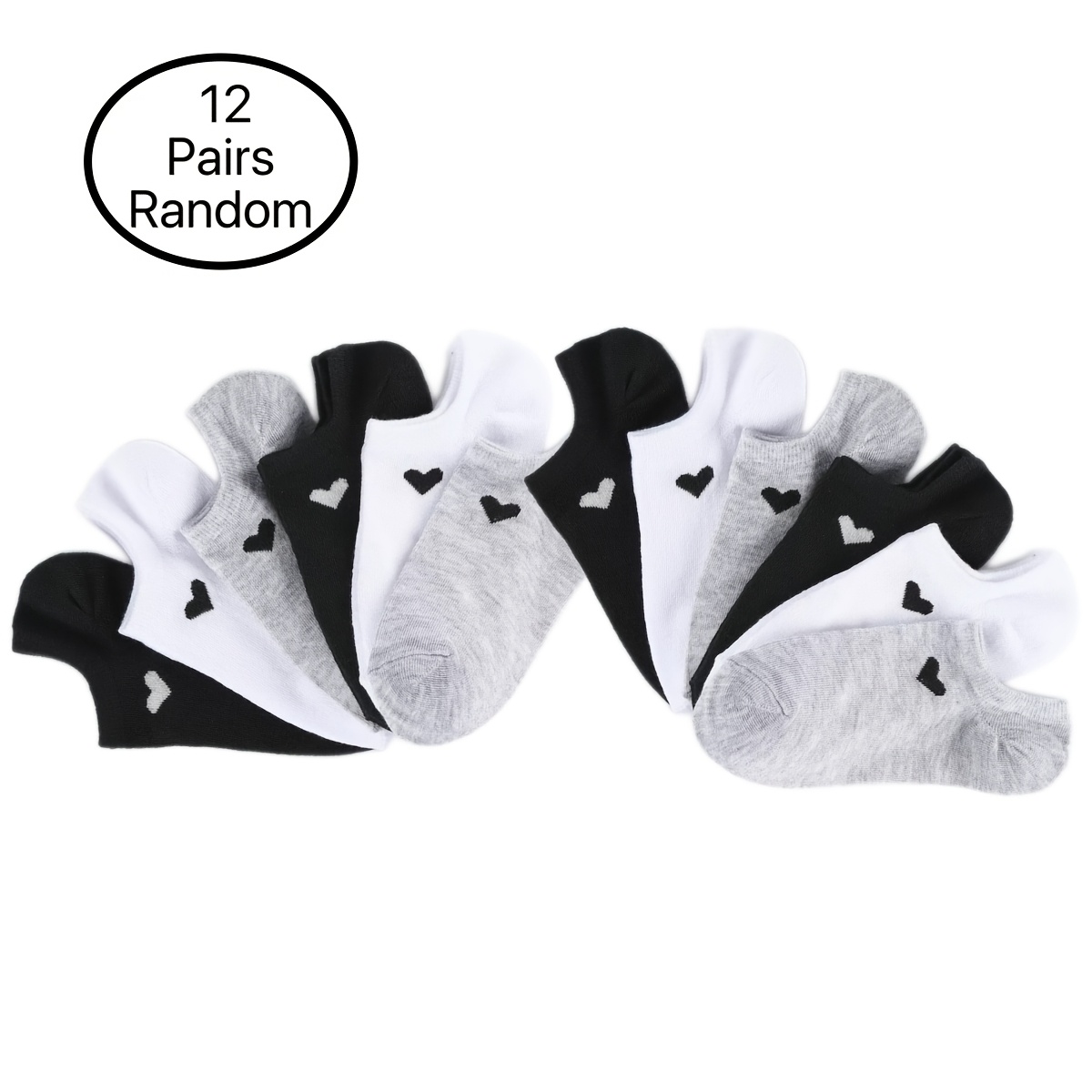 Image of 12 Pairs Of Black, White, Gray Solid Color Heart-shaped Random Style With Large Heels, Easy, Comfortable, Casual, Seasonal, Daily Short Socks