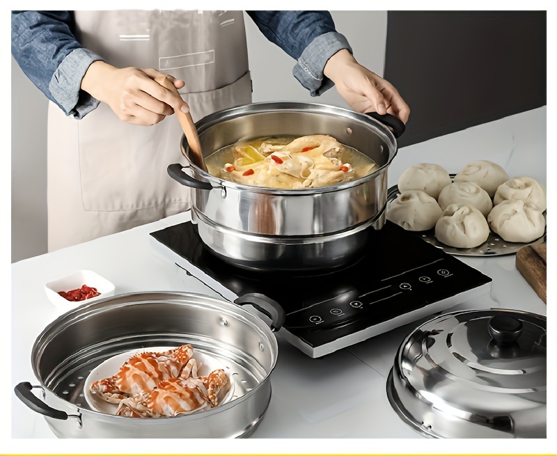 popular   3 layer multifunctional stainless steel steamer with lid ideal for vegetables dumplings soup sauce food   with induction cooker and gas stove details 4