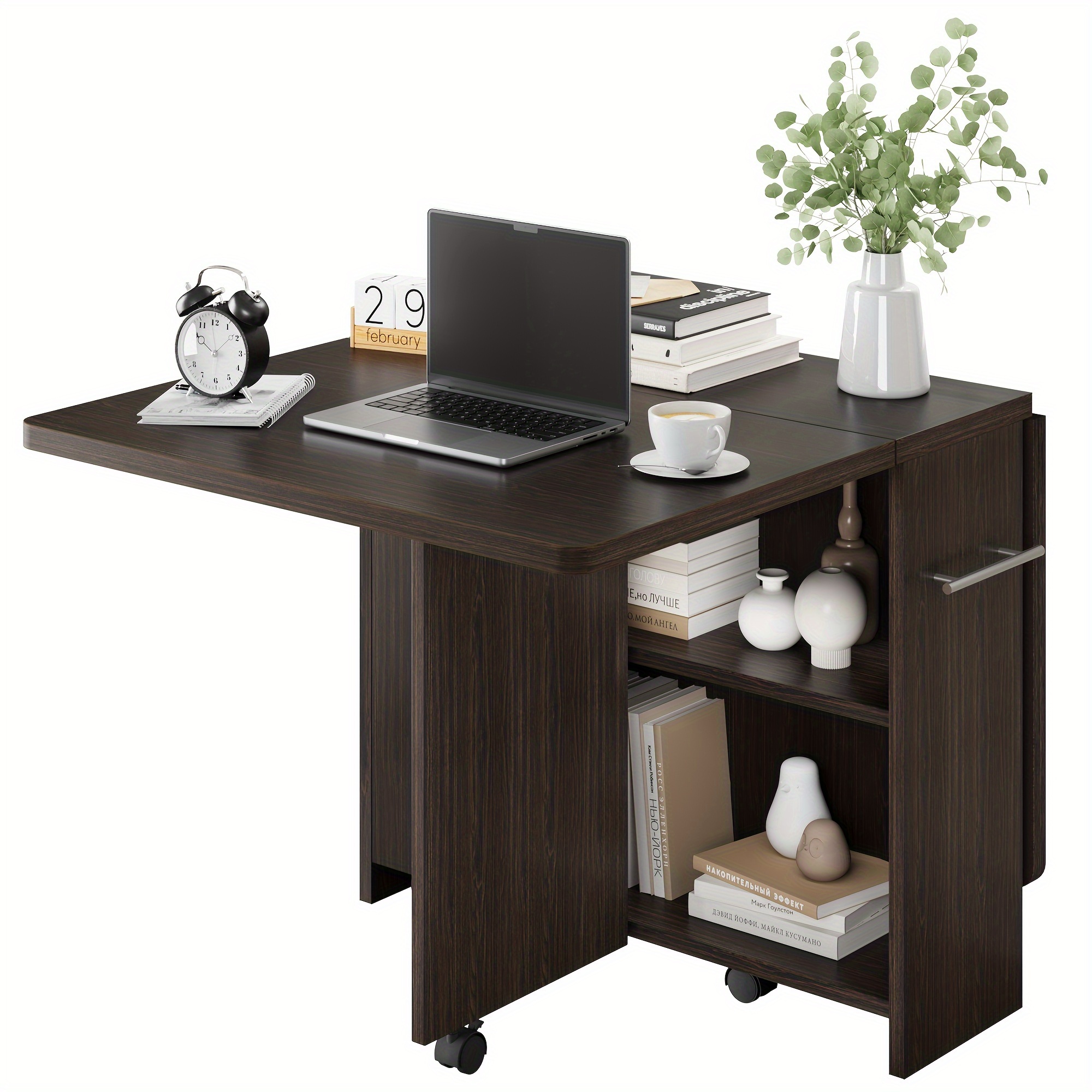 Table De Cuisine Pliante Avec Roues - Blanche Ou Noyer - Tiroir Et 2 étagères - Extensible Jusqu'à 120 Cm - Idéale Petit Espace