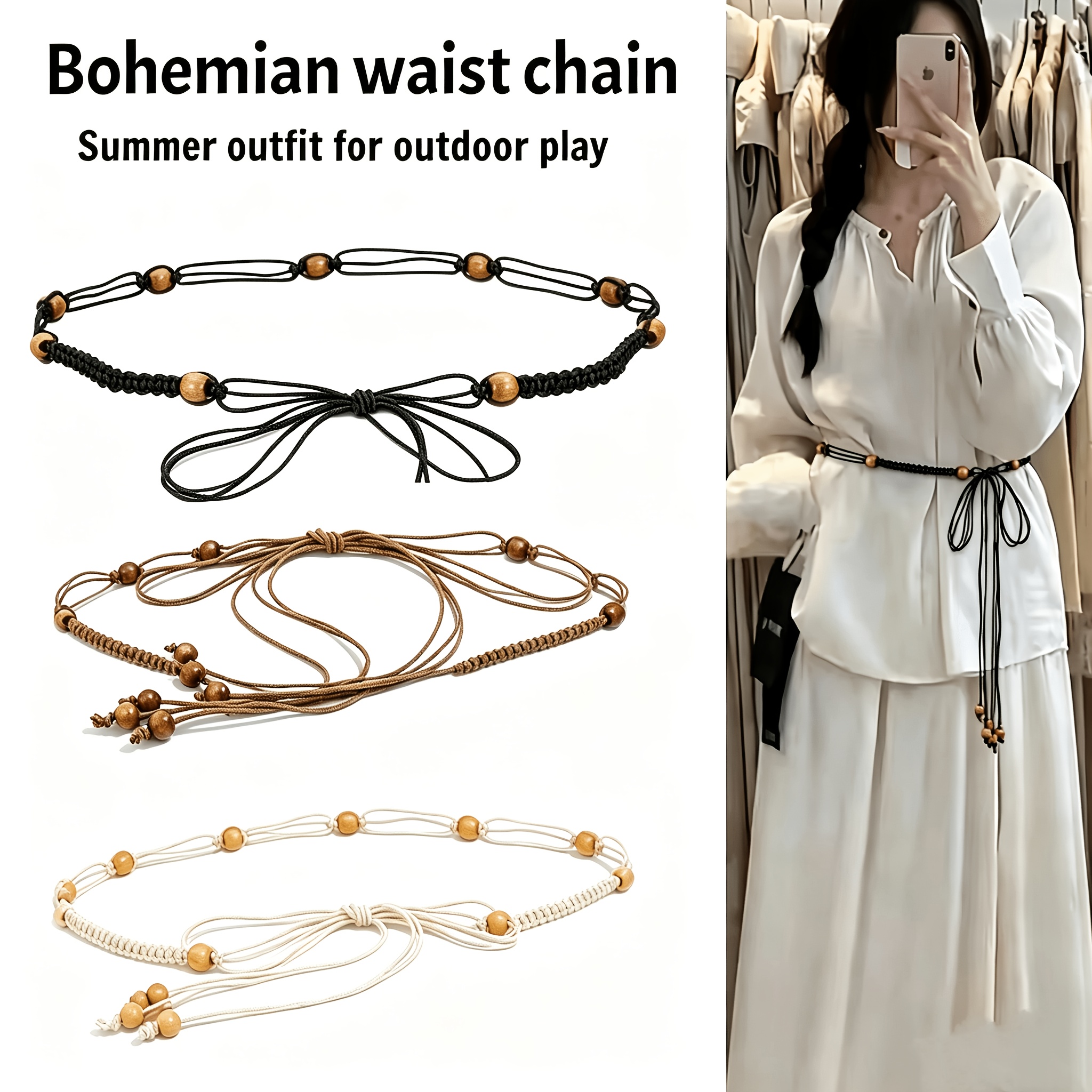 TEMU Oyifan 3pcs Bohemian Style Women's Beaded Belt - Perfect For Summer Beach Dresses