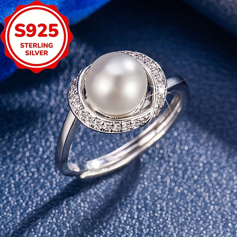Women's S925 Silver Resin Pearl Open Ring, Elegant Gift