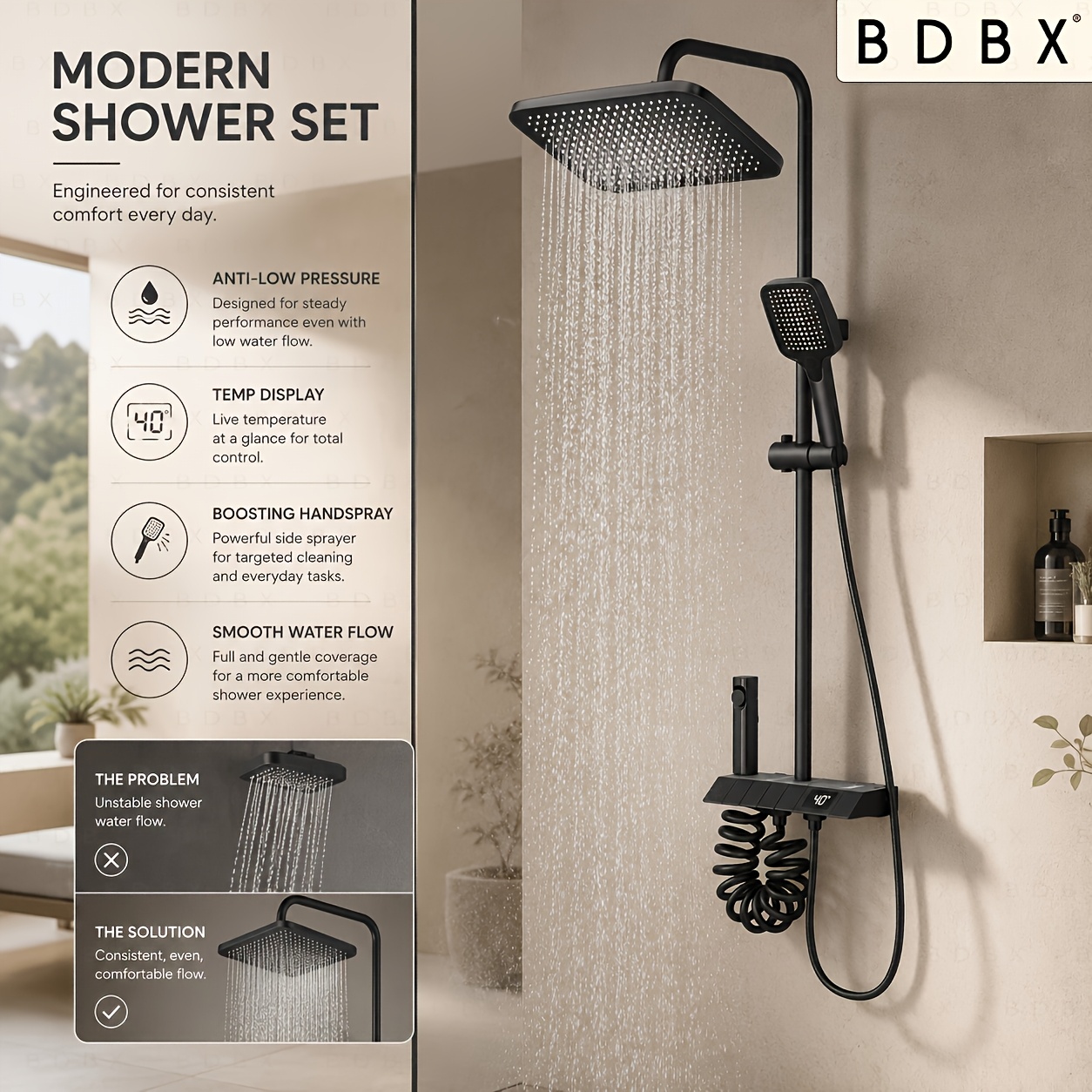 BDBX Modern Black Shower Set with Temperature Display