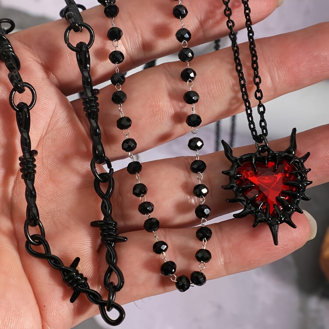 TEMU 3pcs Set Women's Fashion Pendant Necklace, Vintage Gothic Style Thorn Chain With Red Heart Pendant, Black Beaded Necklace Set, Suitable For