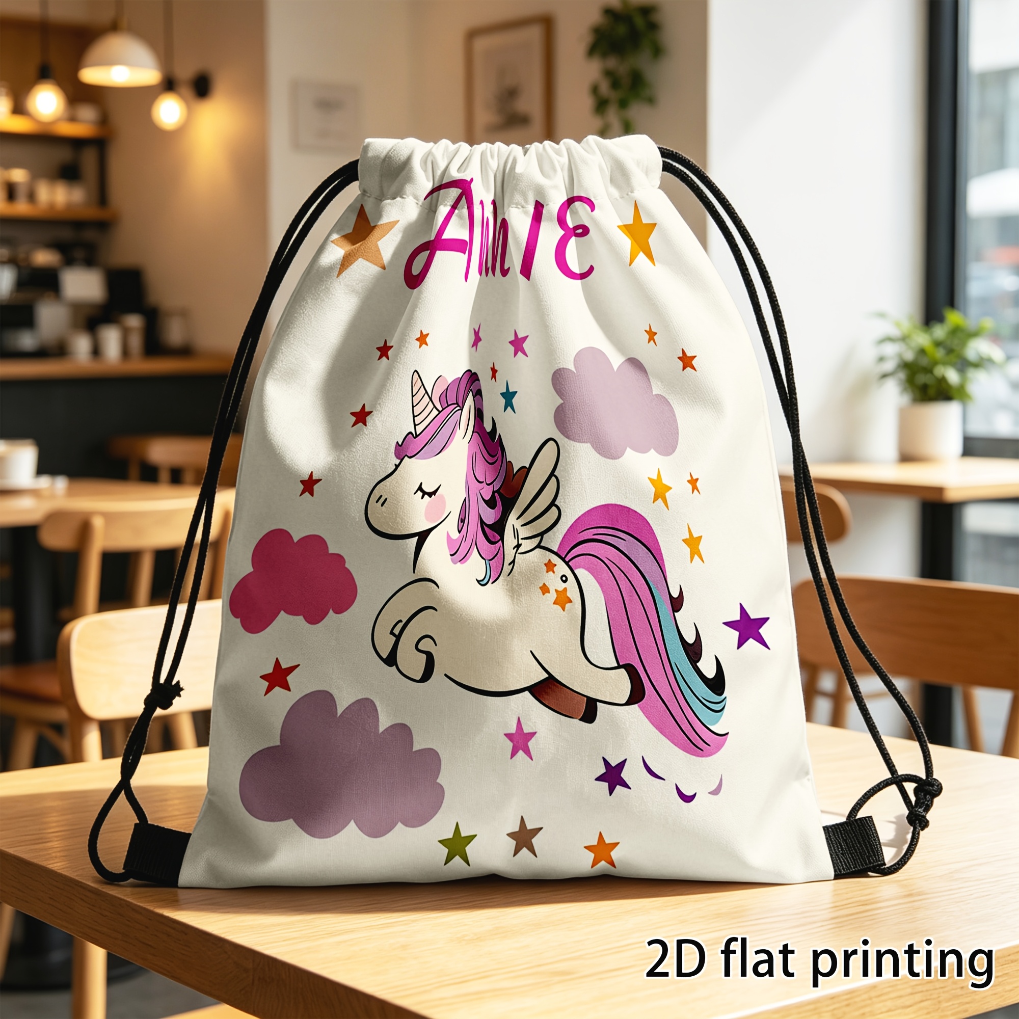 TEMU 2d Flat 1pc Custom Drawstring Backpack Cute Winged Unicorn Flying Colorful On Cream Background Graphic Drawstring Bag Lovely Gift For Fantasy