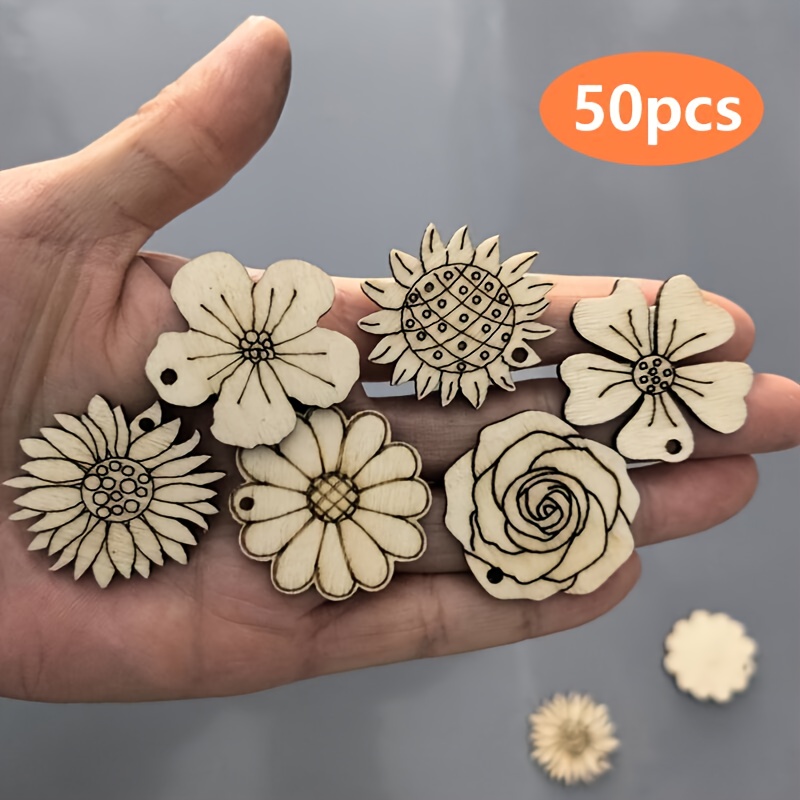 Image of 50pcs Set Of Mixed Mini Flower-shaped Wooden Slices For Diy Painting, Doodling, And Garden Decoration. Suitable For Gift Wrapping Supplies And Decorating Gift Boxes
