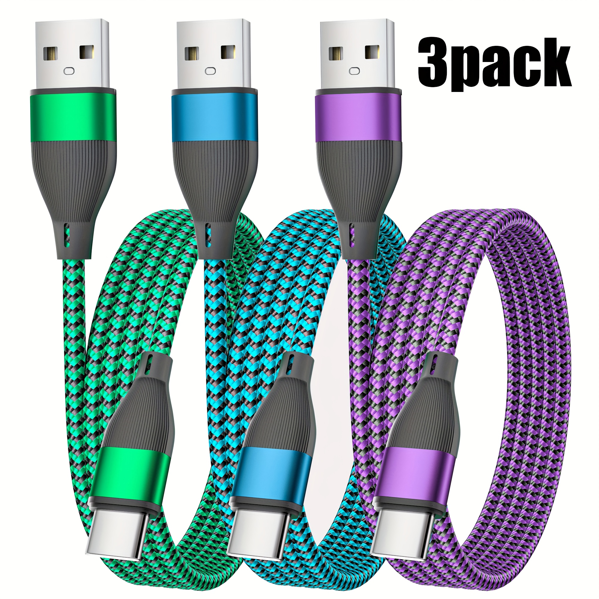 Image of Ziykriy 3pcs, 60w Nylon Braided, Fast Charging Usb-c Cable, Data Sync, Durable Round Shape, Male To Male, 100.58cm/201.17cm, With Usb To Type-c, Other C- Devices