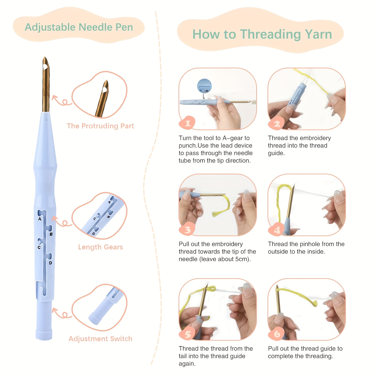 35 Pcs Punch Needle Embroidery Kit, Complete Set for Needle Punching, Includes Adjustable Punch Needle Tool and Wooden Handle Embroidery Pen Set for Adult Embroidery Cross Stitching Craft Decoration