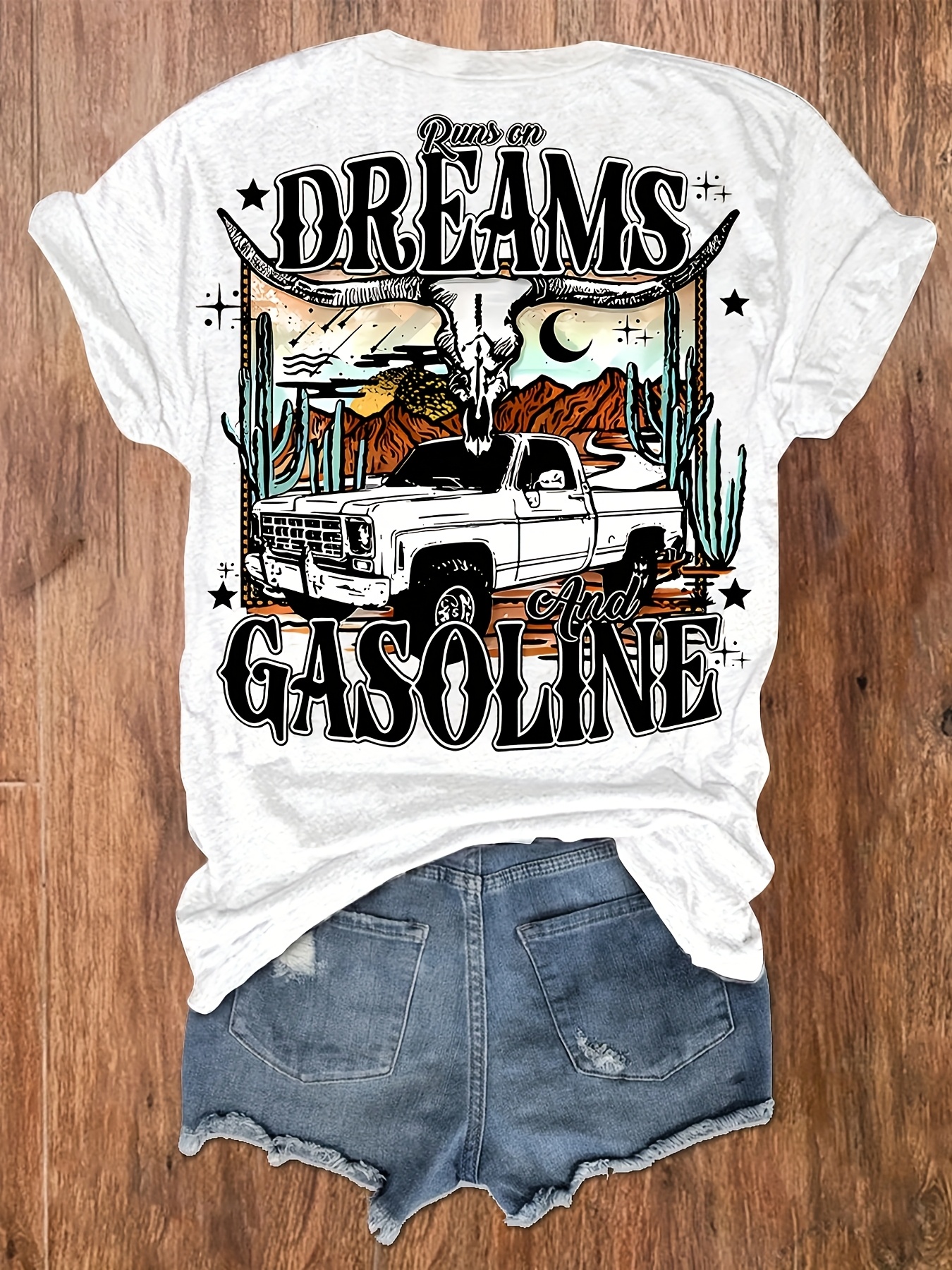 womens western graphic print t shirt   gasoline desert night     crew neck short sleeve top for   casual vacation tee leisure clothing cowboy aesthetic nontransparent fabric Product details 1