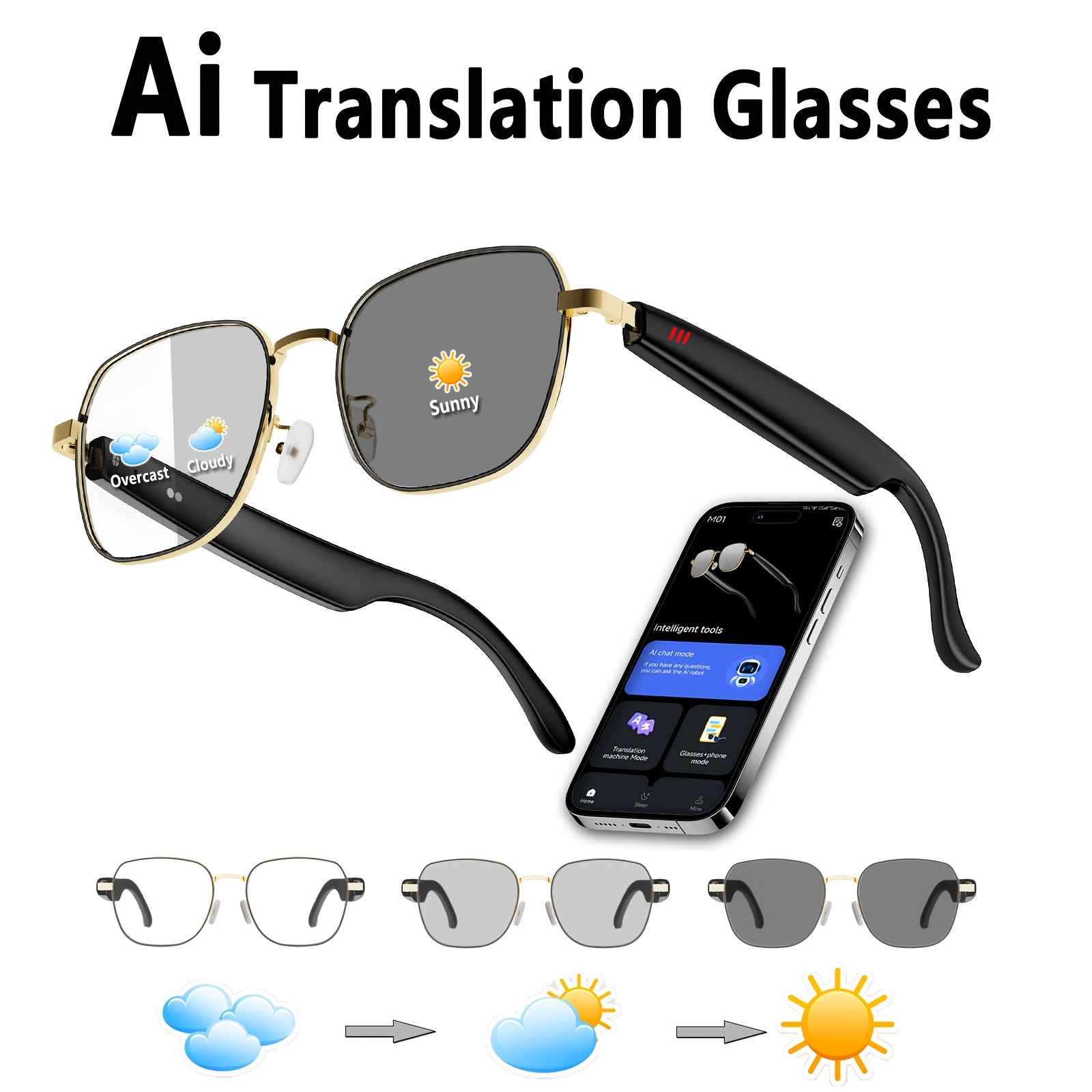 Image of Ai Smart Glasses With Real-time Translation In 100+ Languages, Photochromic Headphones Suitable For , Built-in Mic/speaker, System, App-controlled Audio Glasses For Travel, Office, Sports, Un38.3