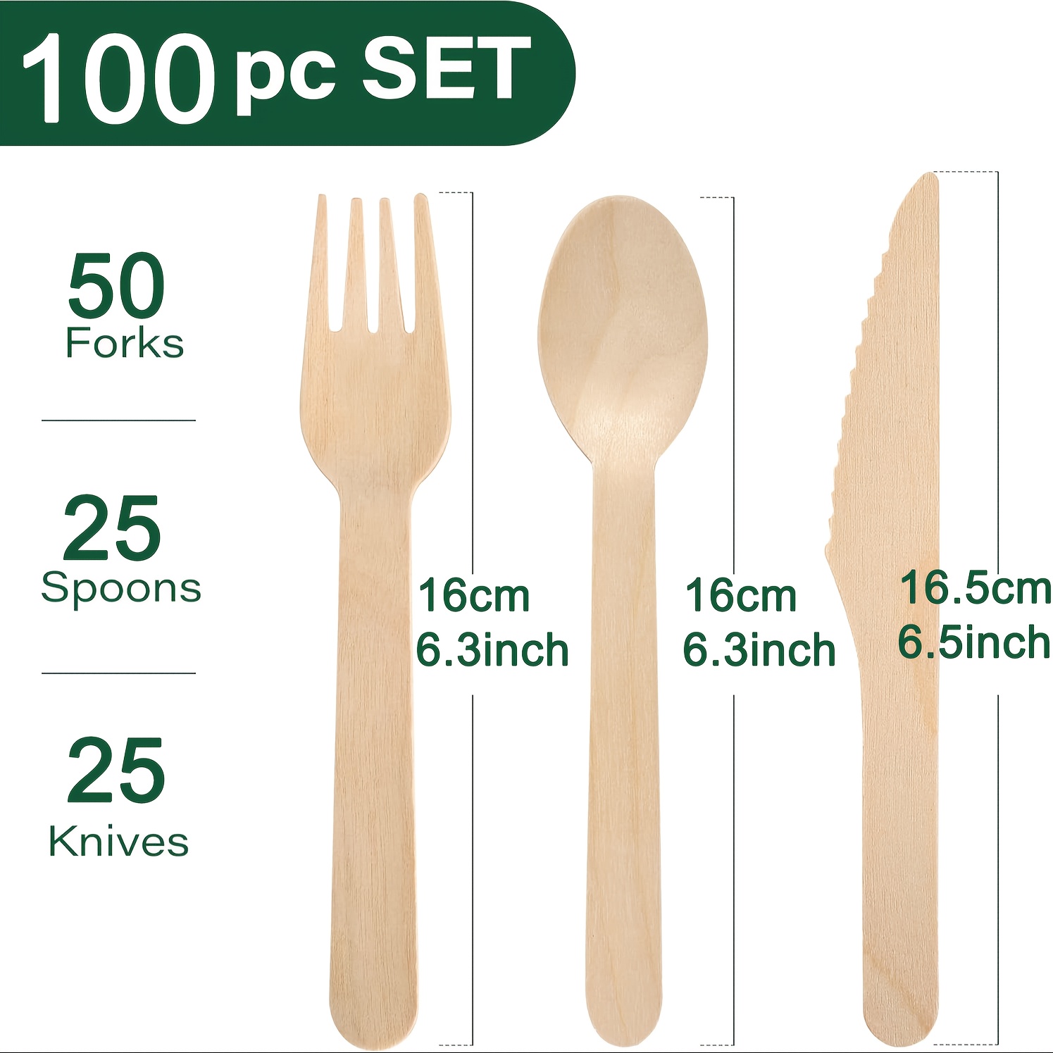 Image of Disposable Wooden Cutlery Set 6 Inch Cutlery Knife (50 Forks 25 Spoons 25 Knives) Sturdy Wooden Flatware Spoons For Wedding Camping Catering Picnic Multi-person Use