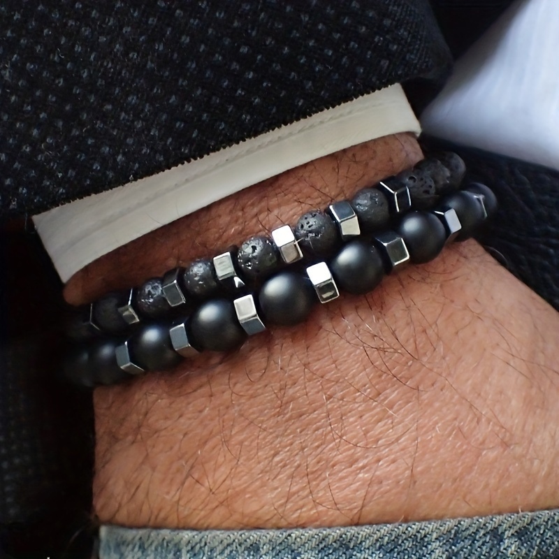 

2pcs Men's Natural Black Stone Elastic Bracelets - Stylish, Versatile, And Accessory For | Couples, Day, Valentine's Day, And Special Occasions