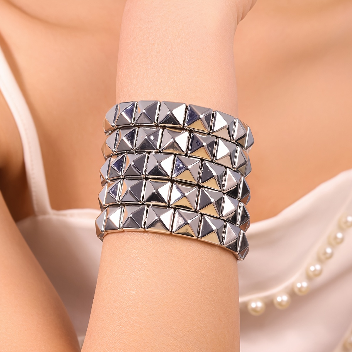 Punk Five Ring Silvery Elastic Bead Bracelet Set for Women
