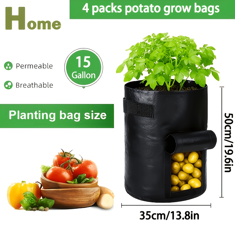 Image of 4pcs/4pcs Heavy-duty Pe Potato & Vegetable Grow Bags With Viewing Window & Drainage Holes - Outdoor/ Container Pots Suitable For Tomatoes, Carrots, Onions, Root Crops - Vinyl Garden Planting Bags