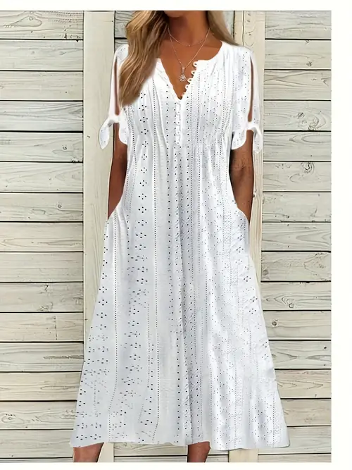 2025 Summer New Cross Border European And American Women S Dress With Holes, Hollow Out V-neck, Lace Ruffles
