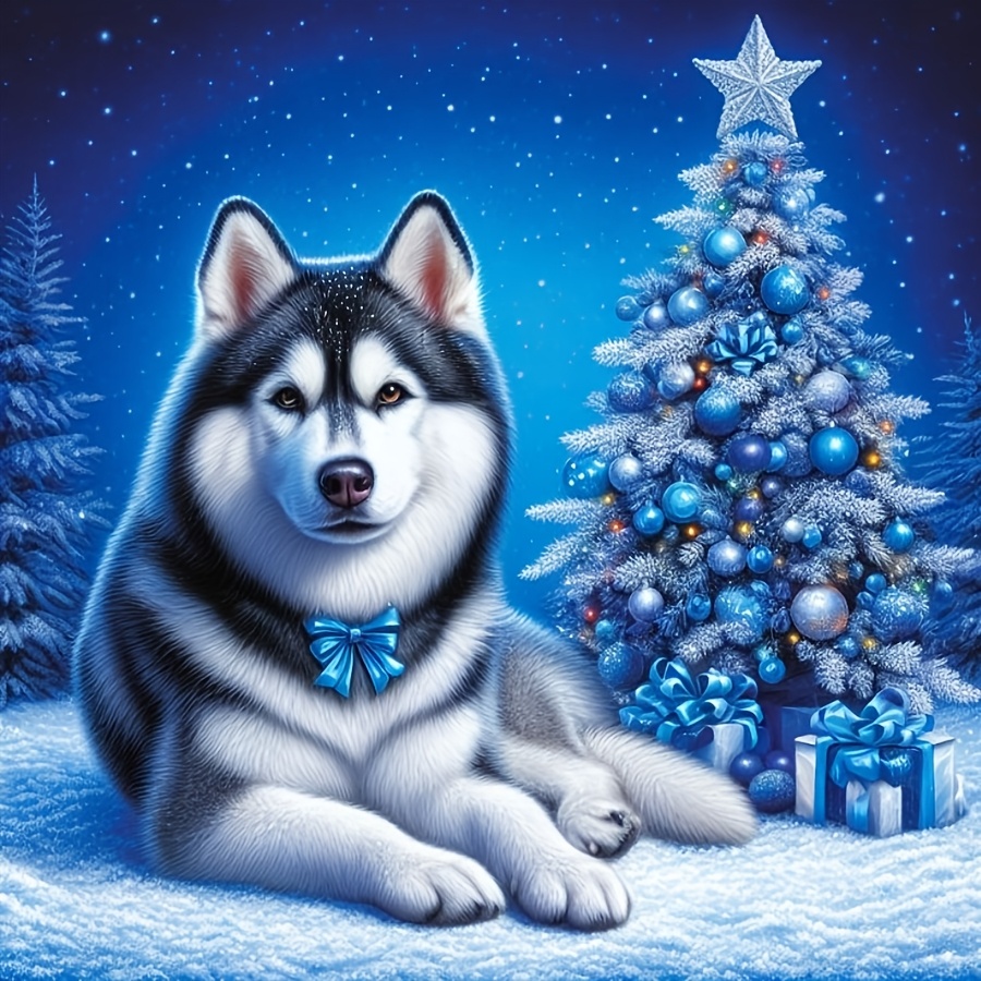 

1 kit de peinture diamant 5D, forets acryliques ronds (), thème animal, bricolage cadre, chien husky avec motif d'arbre de Noël