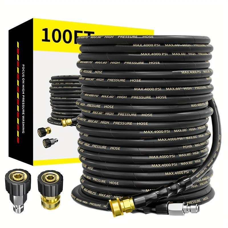 

4200 Psi Pressure Power Washer Hose 100ft 3/8'' High Tensile Wire Braided Car Wash Braided Hose, With 2 Quick Connect Kits Compatible M22 14 Mm, 1/4 Inch Hose For Pressure Washer