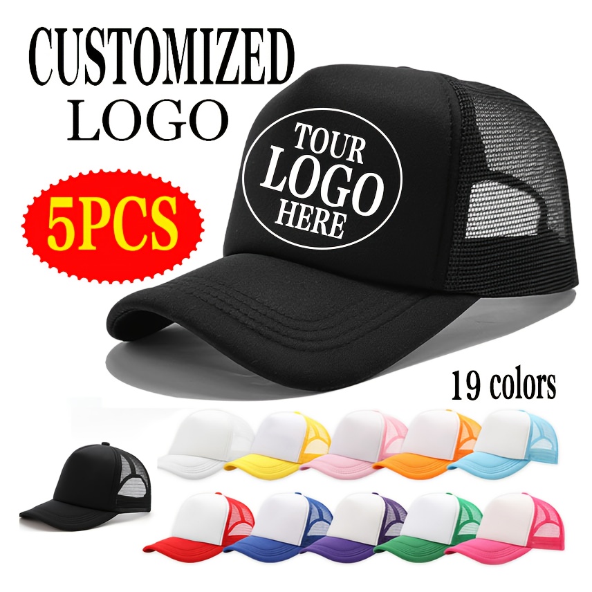 E-shop 5er-Pack Baseballkappe mit individuellem LOGO für Sie, verstellbare Mesh-Trucker-Kappe, 18 Farben Weiß Schwarz Grau Grün Blau Armee-Farbe,