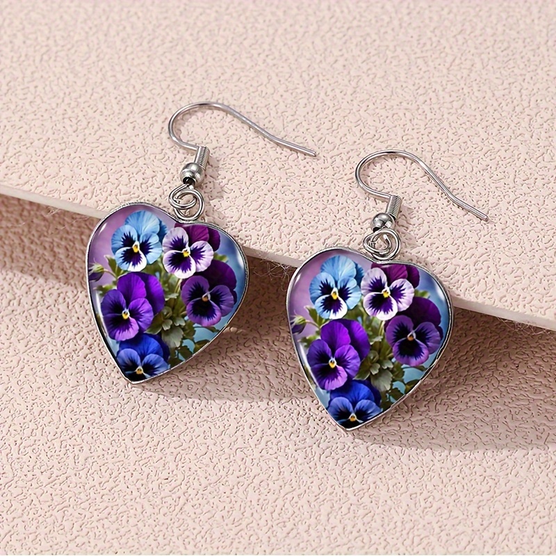 1 Pair Pansy Flower Dangle Earrings Heart Shaped Earrings