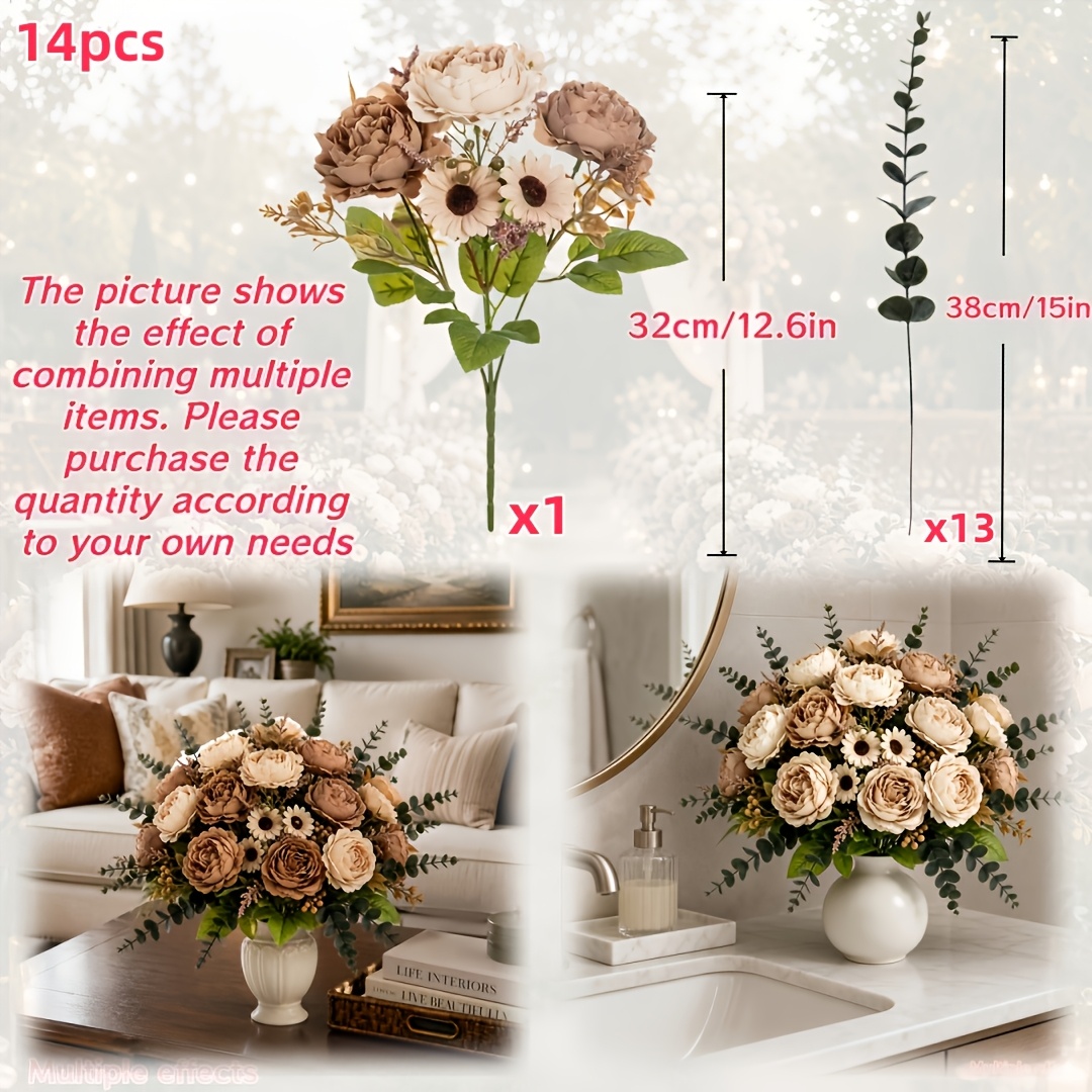 TEMU 14pcs Artificial Simulation Flowers, Brown Peony Bouquet And Eucalyptus Combination, Warm Tone Series For Living Room Decor, Bathroom Decor,