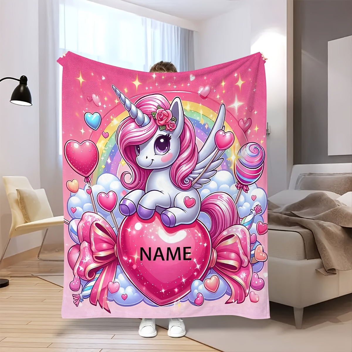 

1pc Personalized Unicorn Flannel Blanket Name - , Comfortable, Blanket For Bed, Sofa, , - For 's, , Christmas - Washable, , , , 200-250g