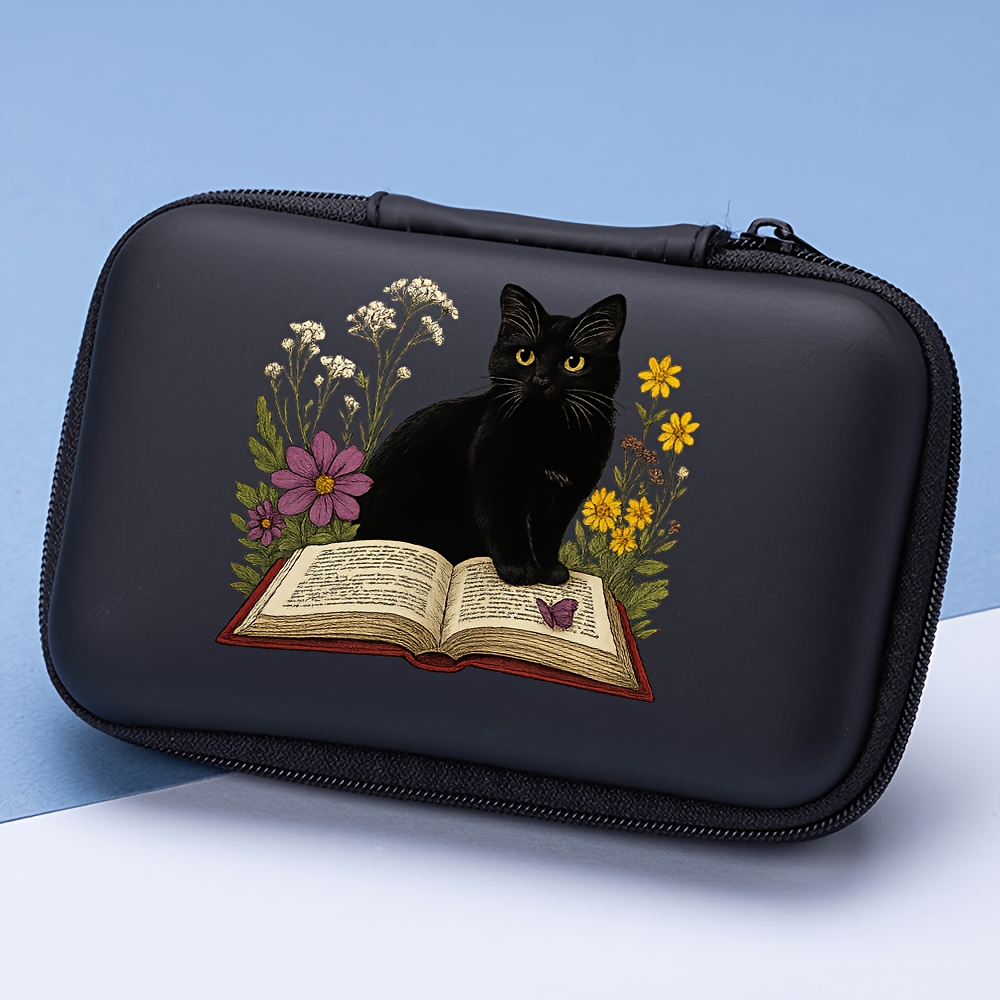 TEMU Black Cat And Flower Book Pattern Shockproof Eva Earphone Storage Bag Bluetooth Cable Organizer Hard Drive Zipper Case Wireless Headphones