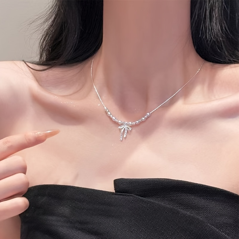 TEMU Vintage Delicate Pearl Bow Necklace, Suitable For Women, Uniquely Chic, Elegant Collarbone Necklace