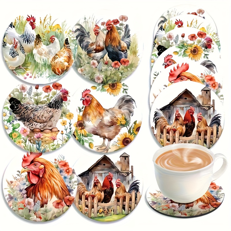 TEMU 6pcs Vibrant Rooster And Hen Wooden Coasters Set - Colorful Floral, Chicken Design, Kitchen, Living Room Or Patio Decor, Ideal Gift For , Rustic