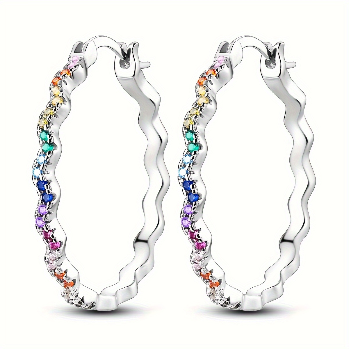 TEMU Original 925 Sterling Silver High Quality Women Hoop Earrings Large Size 3cm Colorful Cubic Zircon Pavé Sets Earrings Jewelry Gifts
