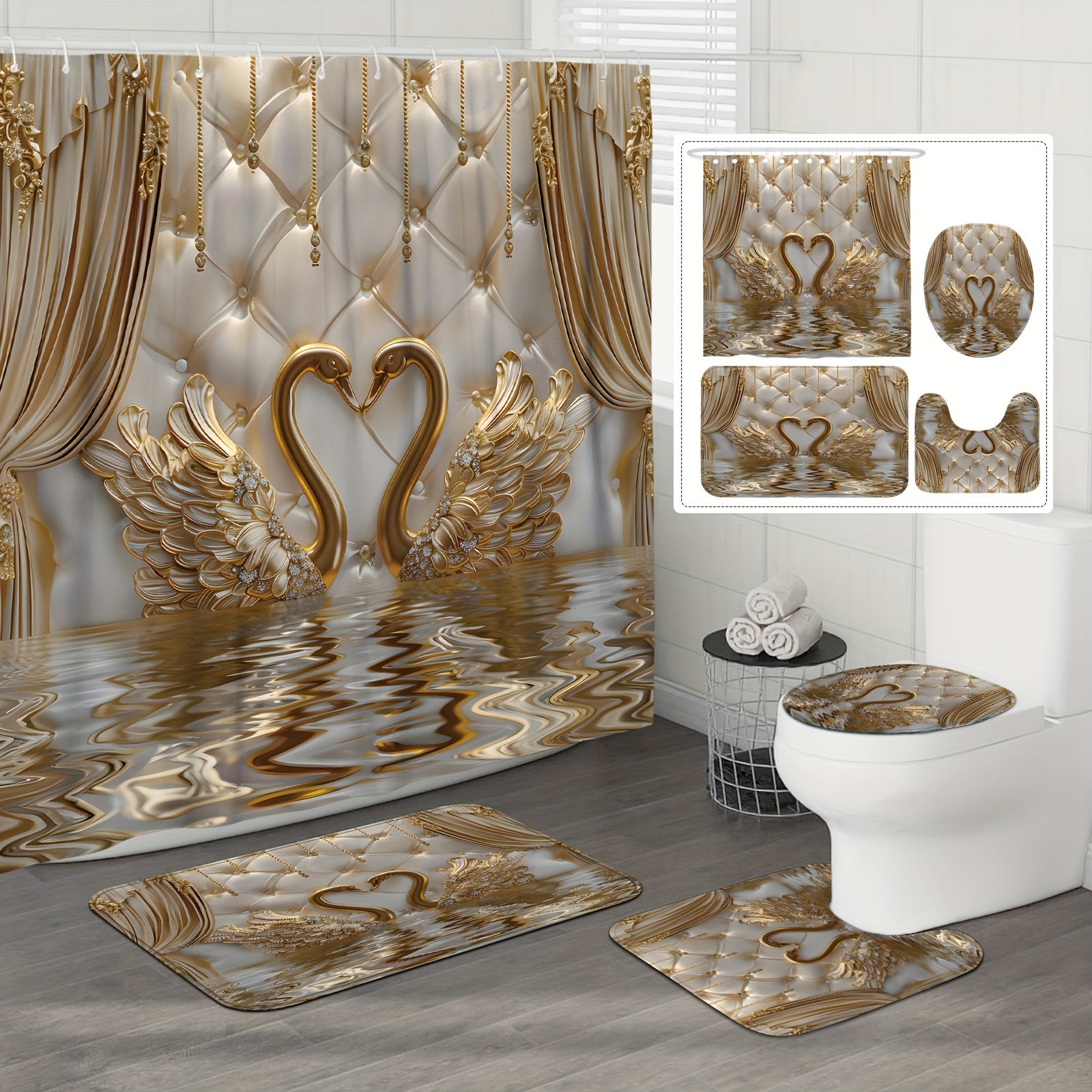 

1/4pcs Luxury 3d Swan And Mats, Waterproof With 12 Hooks, Non-slip Bathroom Rug, Toilet U-shape Mat, Toilet Lid Cover Pad, Bathroom Decor, Sets For Bathrooms