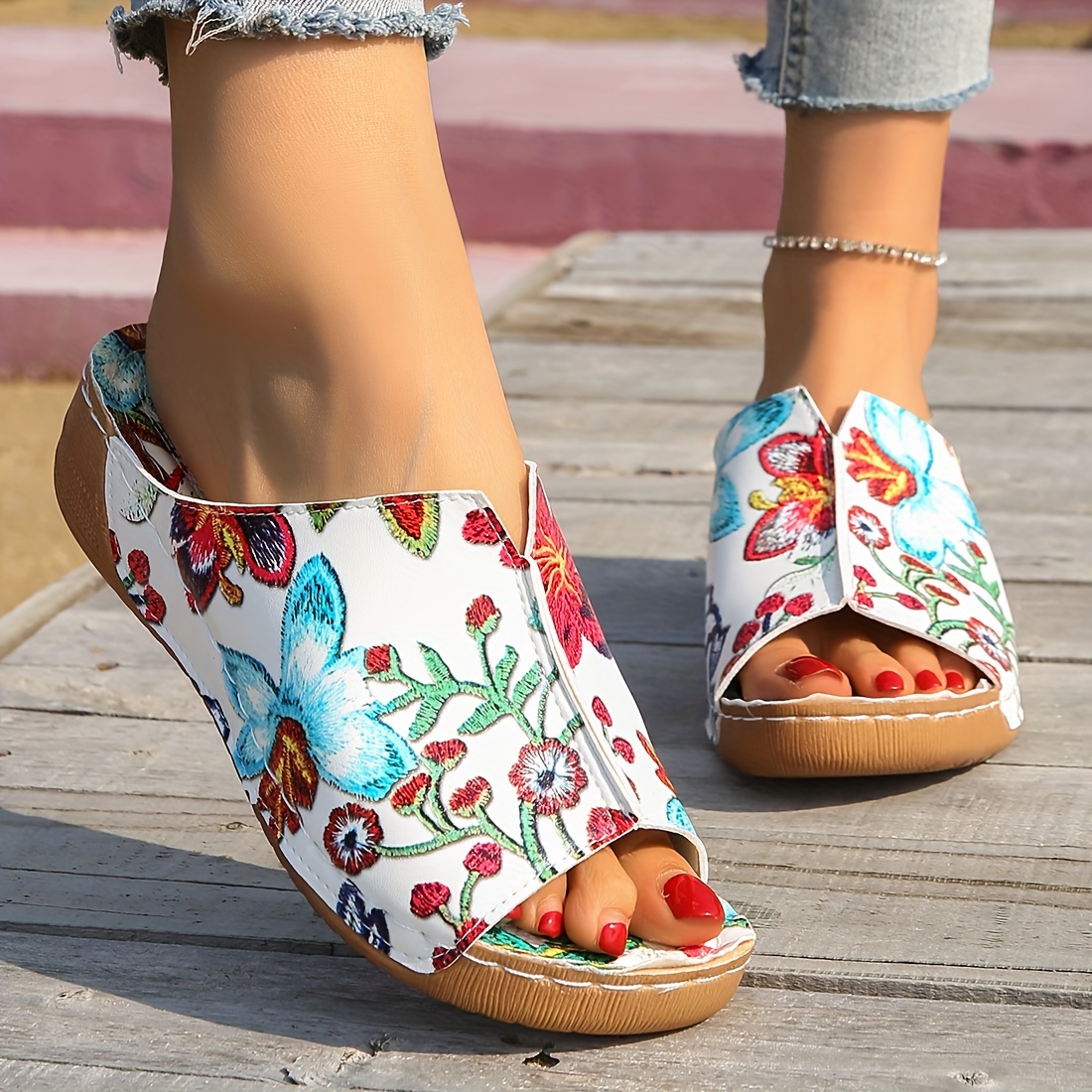 

Women's Floral Print Fashion Wedge Sandals, Ethnic Style Platform Comfort Thick Sole Slides, Soft Sole Vacation Sandals For Casual Wear