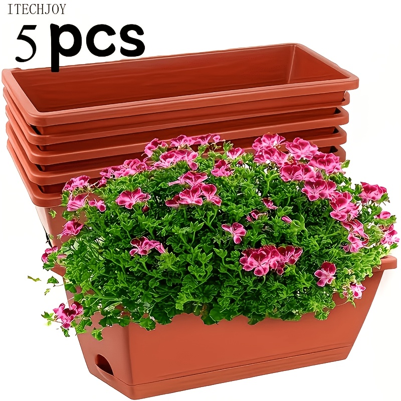 set of 5 large rectangular planters plastic flower pots suitable for growing vegetables herbs strawberries and flowers suitable for outdoor use on   patios decks fences and   sturdy durable easy to  