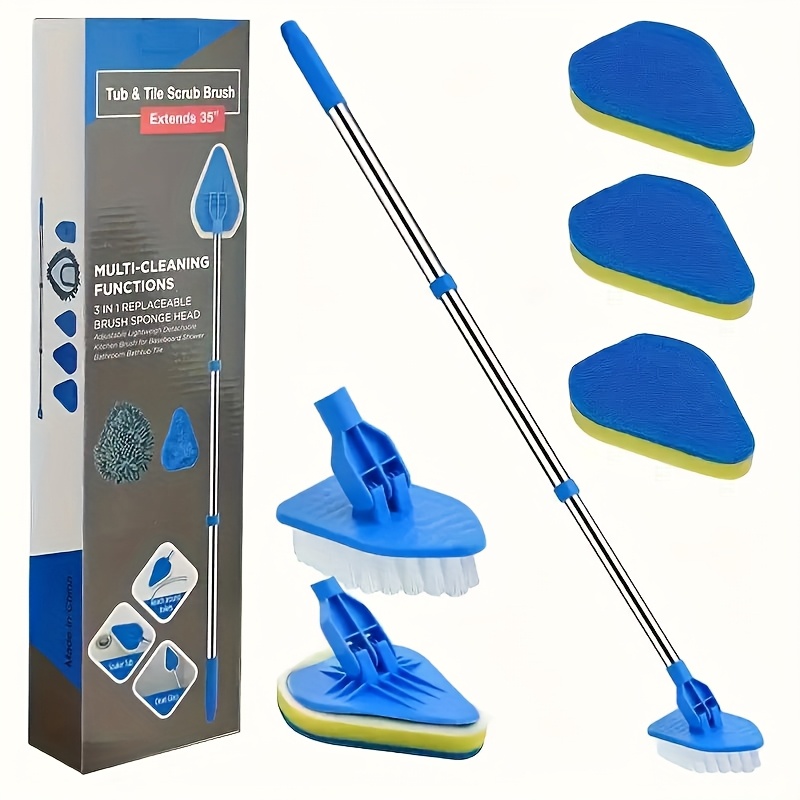 1 Retractable 2-In-1 Bathroom Cleaning Brush with Stainless Steel Handle, 3 Sponge Heads And 1 Brush Head, Suitable for Bathtubs, Floors And Swimming Pools, Multi-Functional Long-Handled Cleaning Tool