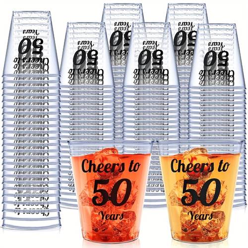 2oz 50ml clear plastic party cups print 50 years birthday theme 1 69oz mini cups shot glasses hand wash only suitable for cold drinks ideal for adult birthday celebrations and occasions