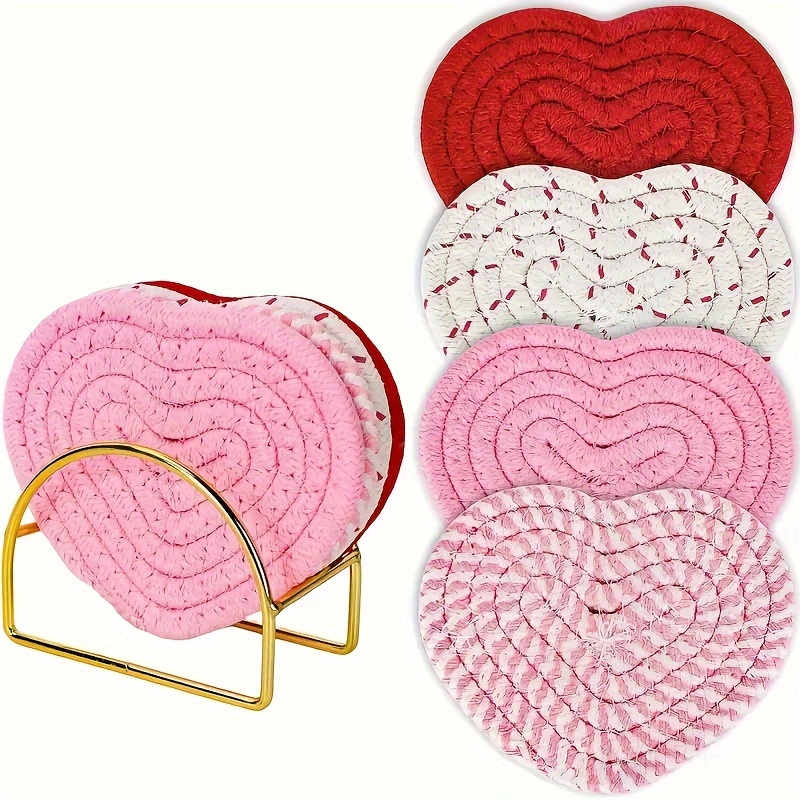 

4-piece Set Handcrafted Cotton Woven Heart Coasters - Heat Resistant, Anti-scald For Home, Office, And Cafe Use