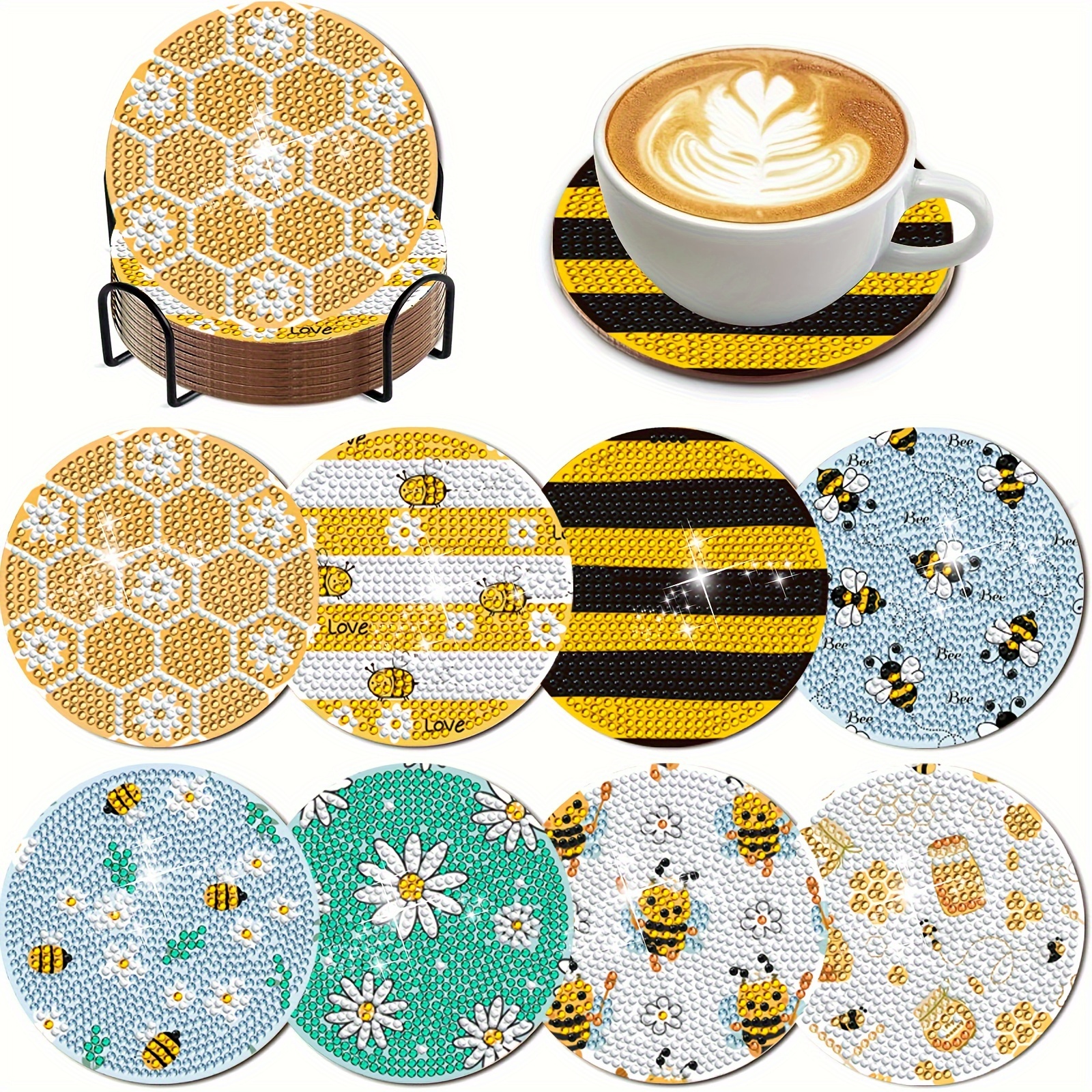 

8pcs Diy Bee Diamond Art Coaster Set With Stands - Round Diamond Painting Kit For Beginners, Craft Supplies & Tools