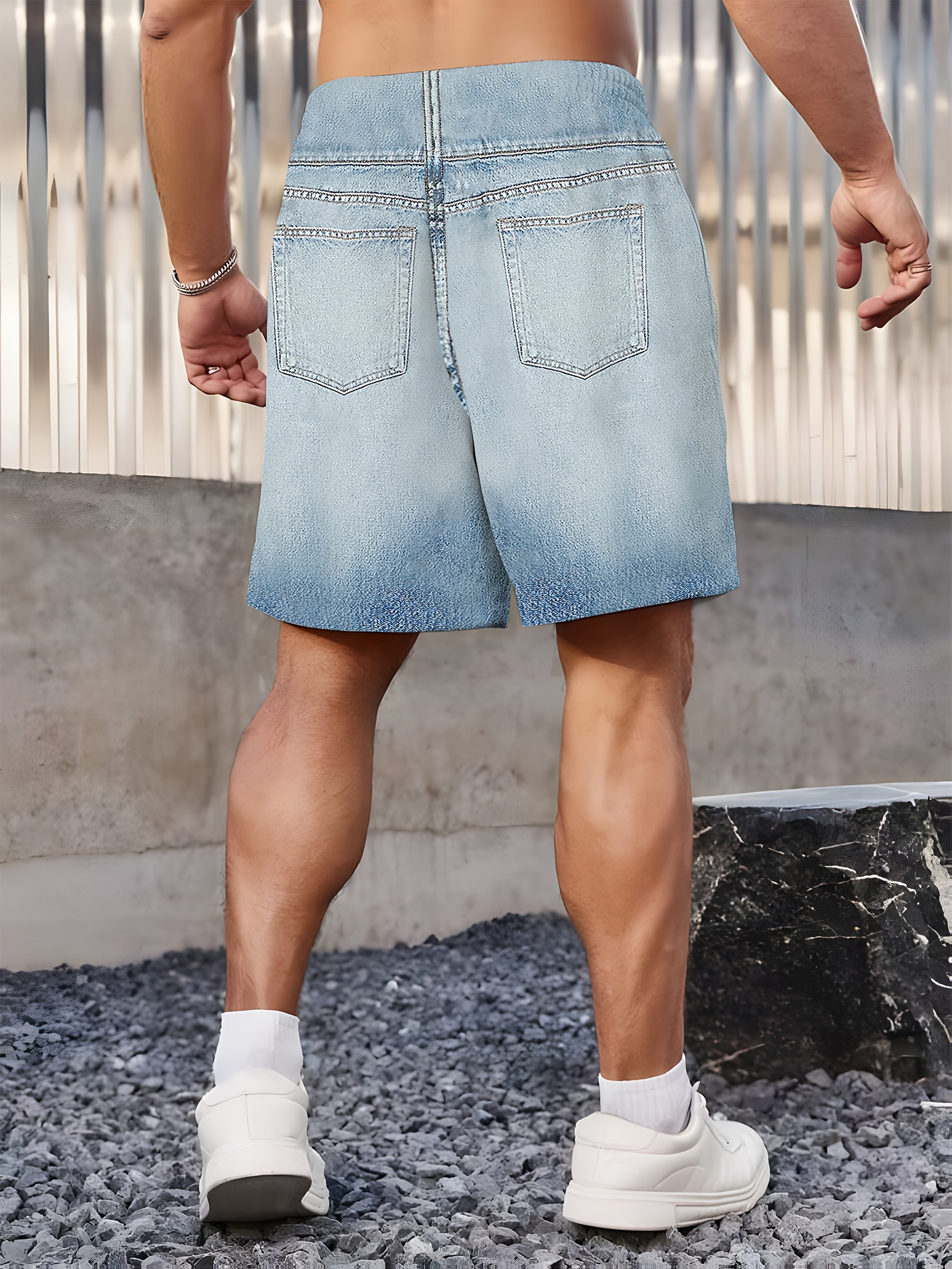 Men'S Casual Stylish Visual Illusion Faux Denim Patterned Digital Print Shorts, Plus Size