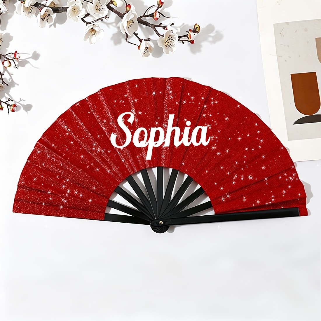 TEMU Custom-designed Glitter Wedding Fans With Text/ - Elegant Folding Fabric Fans Suitable For Bridal, Bridesmaid Gifts, Christening, Graduation